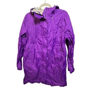 LL Bean Raincoat Purple Hooded Long Rain Jacket Womens Large